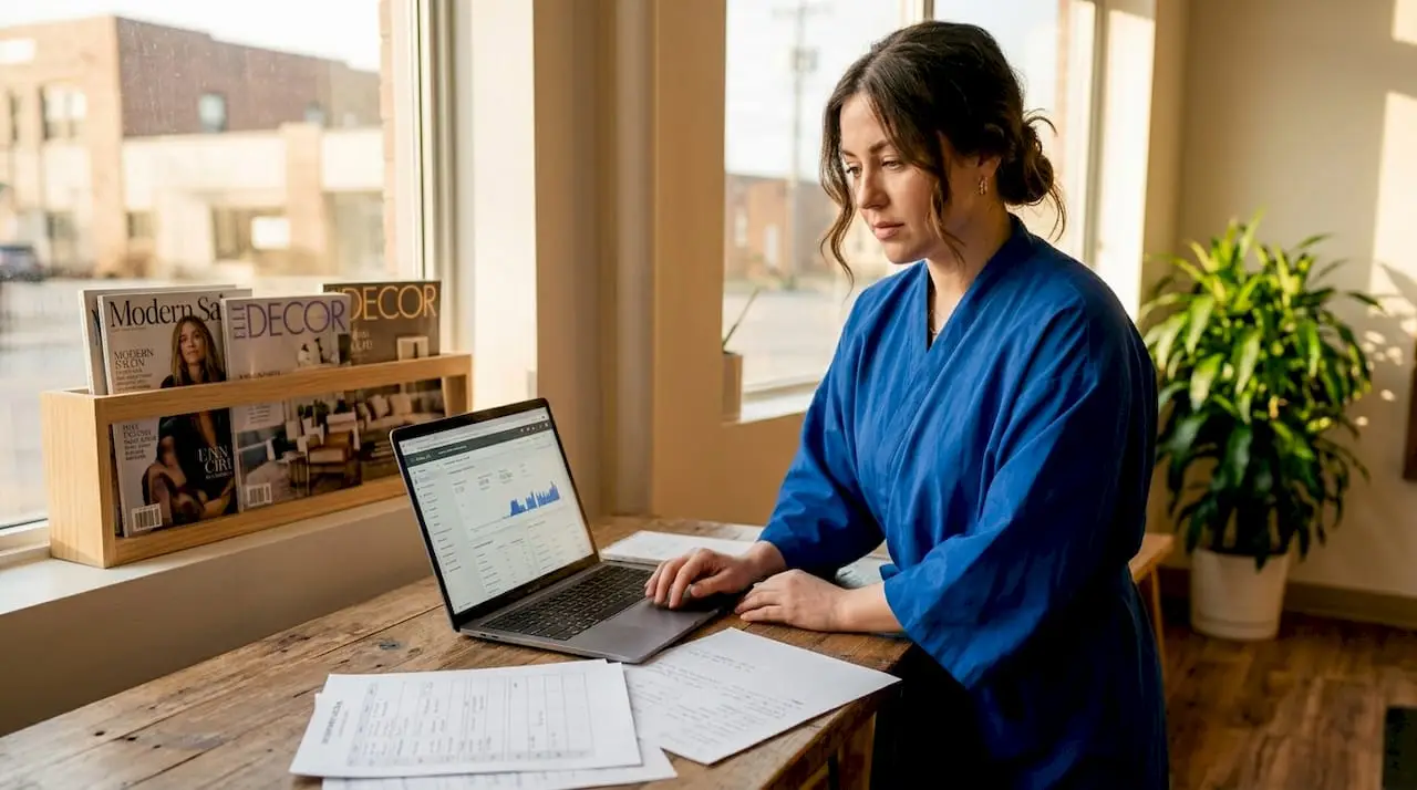 Salon owner reviewing Google Ads on laptop
