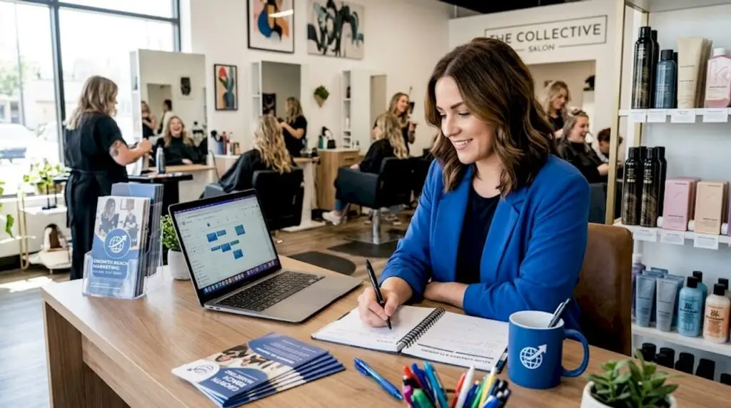 Salon owner planning social media at desk