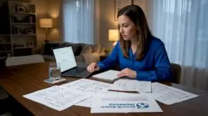 Beauty marketer planning content strategy at kitchen table