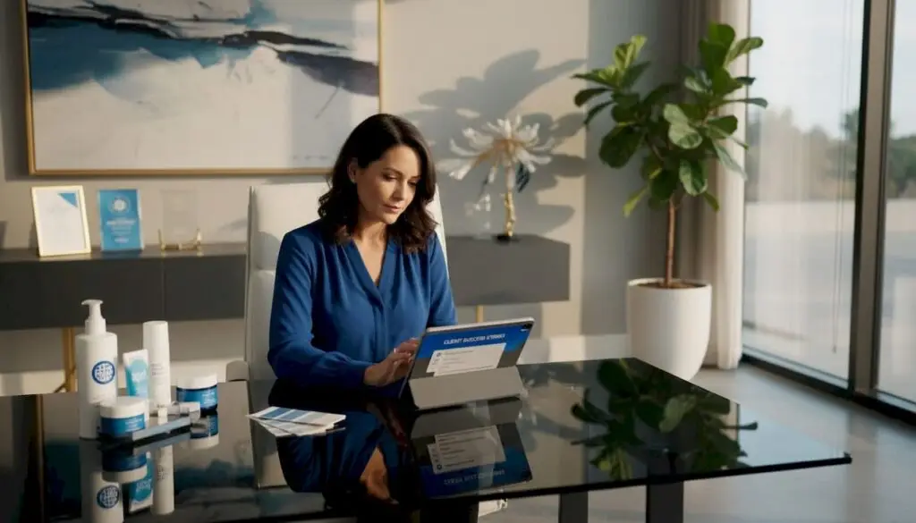 Clinic manager reviewing client feedback in office