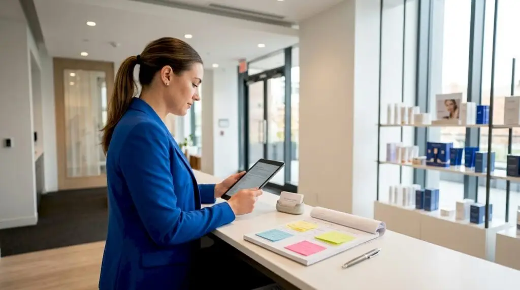 Clinic manager reviewing marketing content ideas