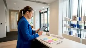 Clinic manager reviewing marketing content ideas