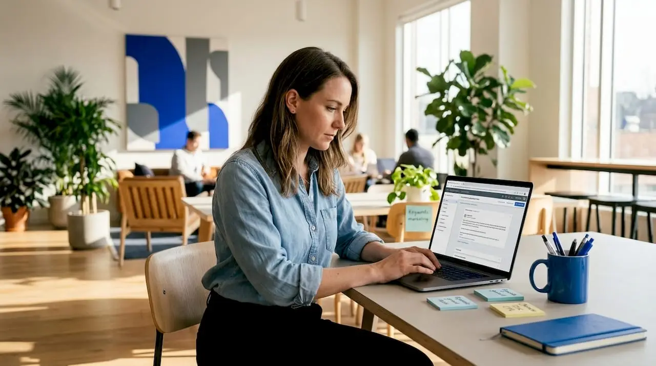 Person editing Google Ads copy at desk
