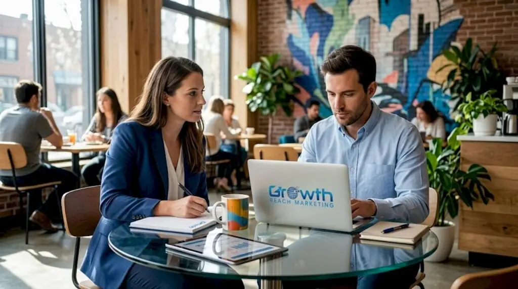 Clinic marketers at shared workspace reviewing retargeting ads