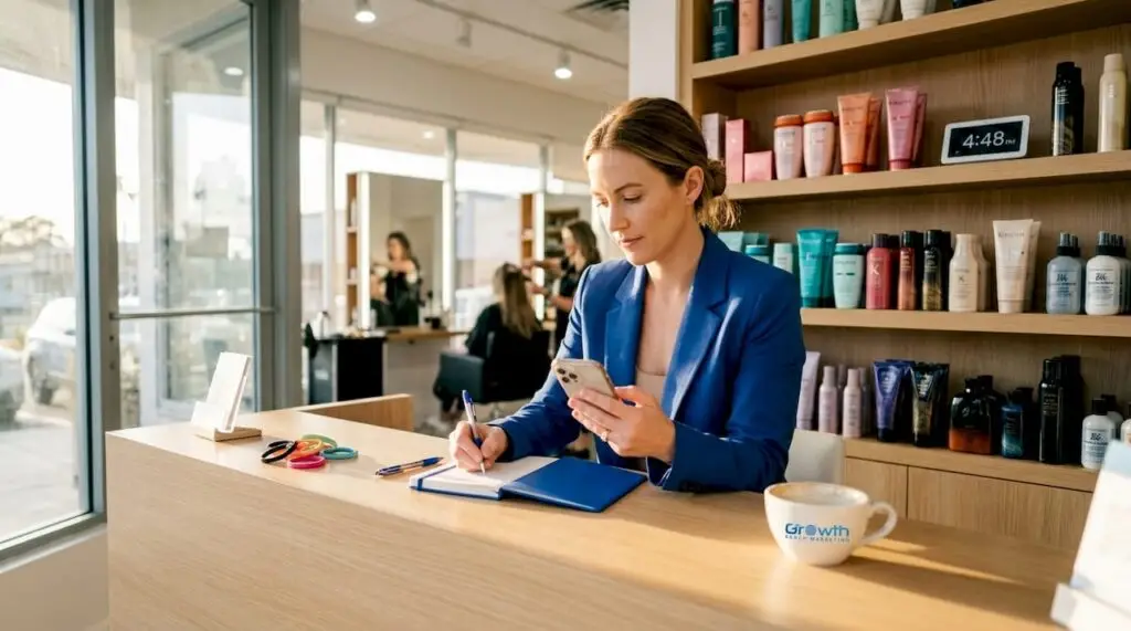 Salon owner manages Instagram profile at desk