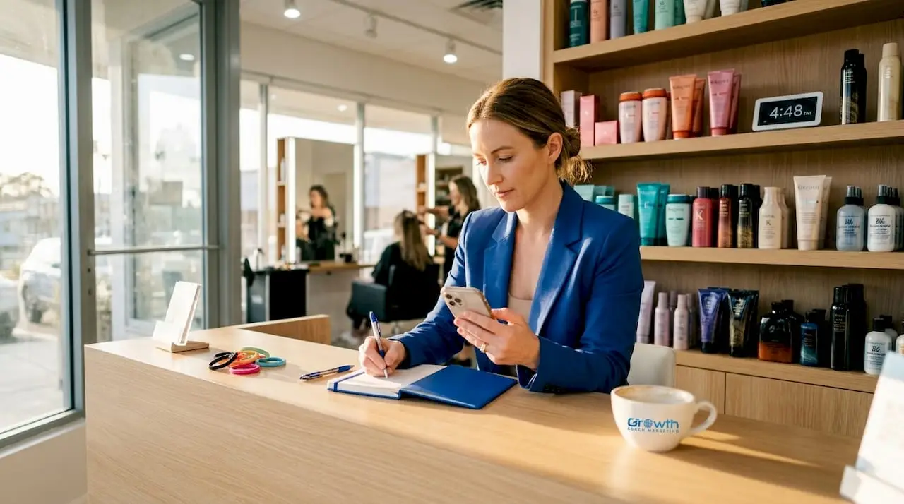 Salon owner manages Instagram profile at desk