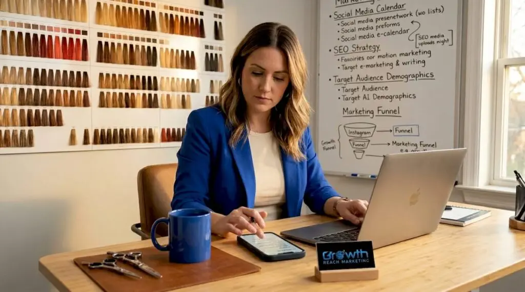 Salon owner working on social media in office