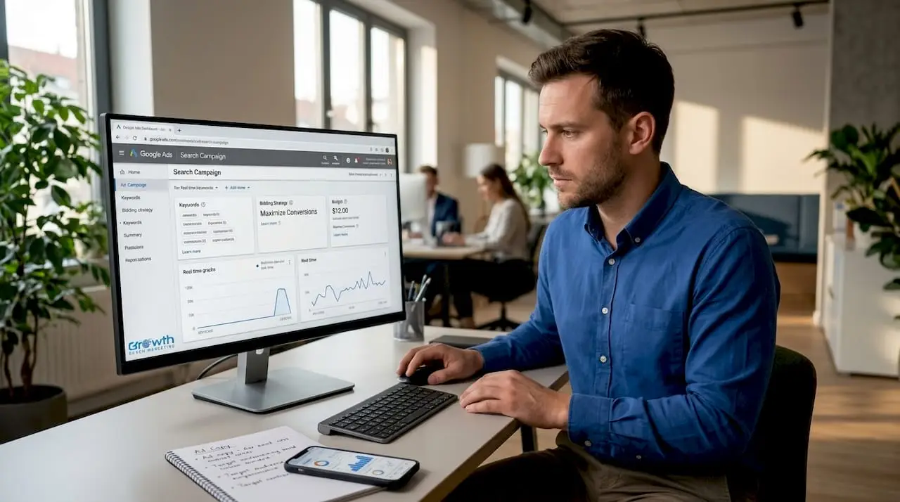 Marketer working on Google Ads campaign setup