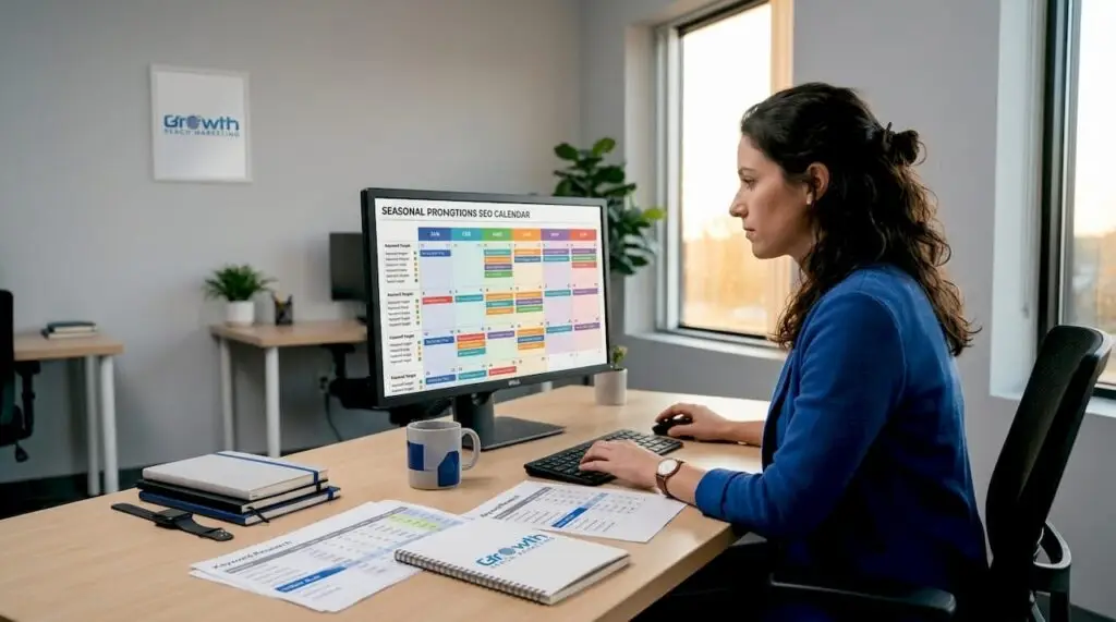 Marketing manager working on seasonal SEO calendar