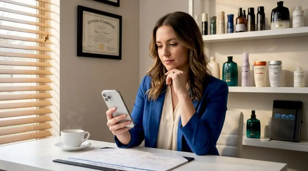 Salon owner reviewing social media on smartphone