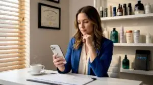 Salon owner reviewing social media on smartphone