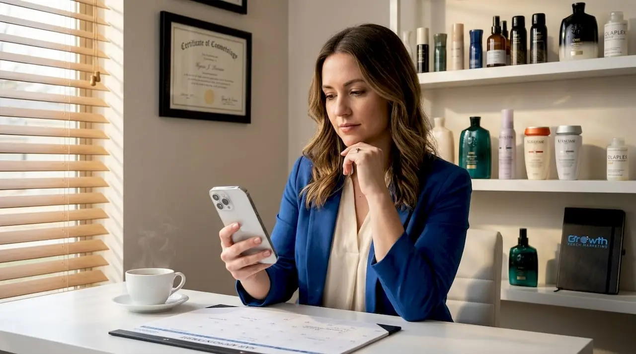 Salon owner reviewing social media on smartphone