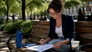 Salon owner planning marketing strategies outdoors