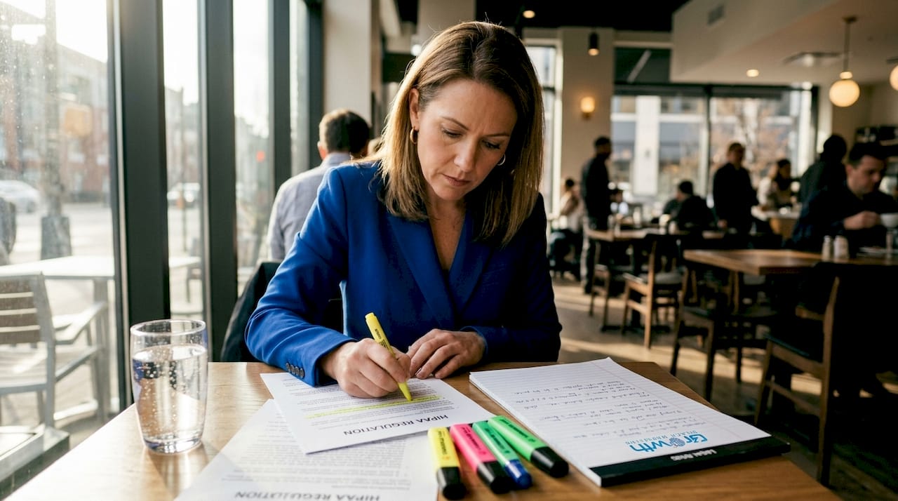 Compliance officer reviewing HIPAA documents
