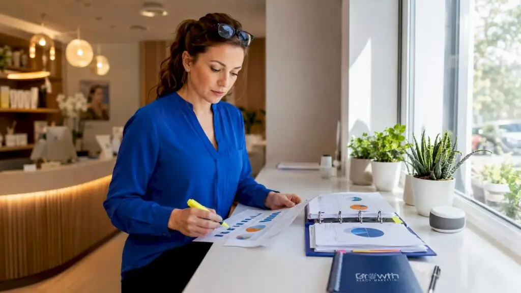 Clinic manager reviewing ad spend reports