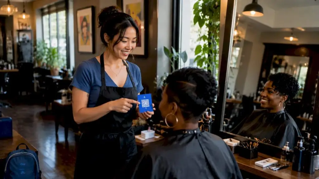 Stylist showing client QR code near salon mirror