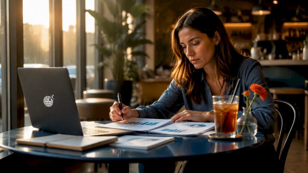Marketer analyzing ROAS reports at desk