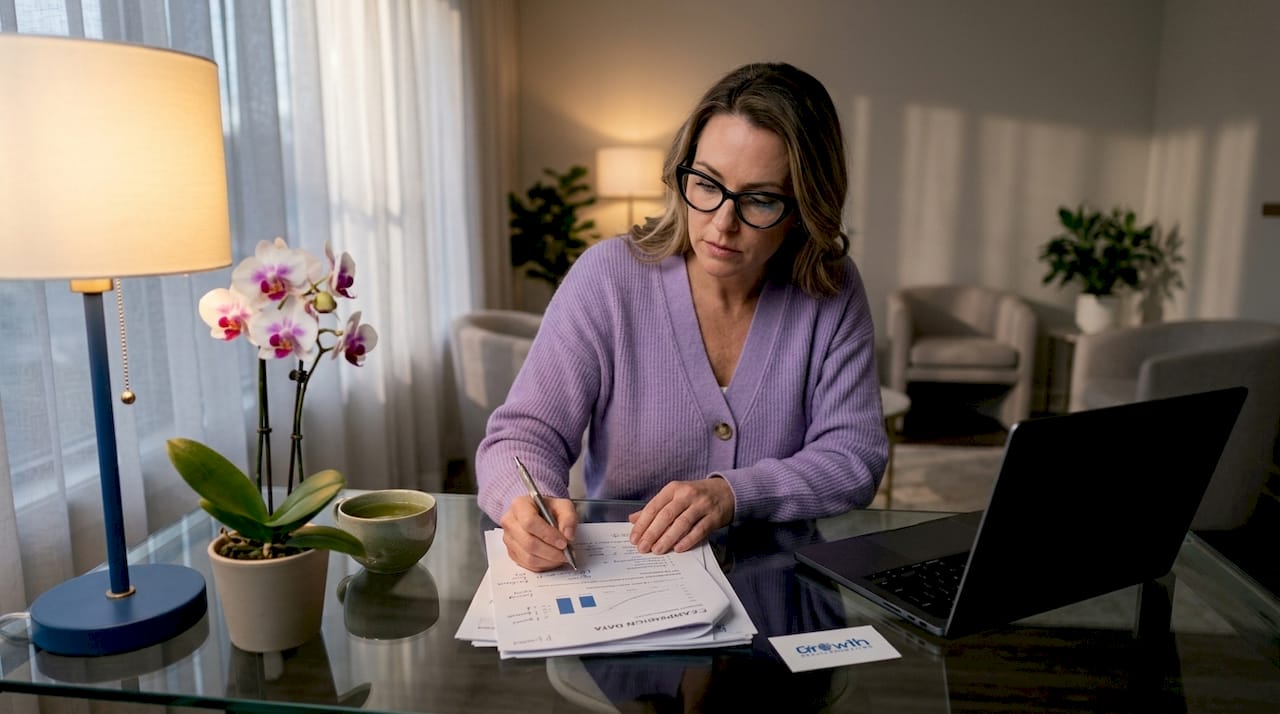 Med spa owner reviewing Google Ads papers at desk