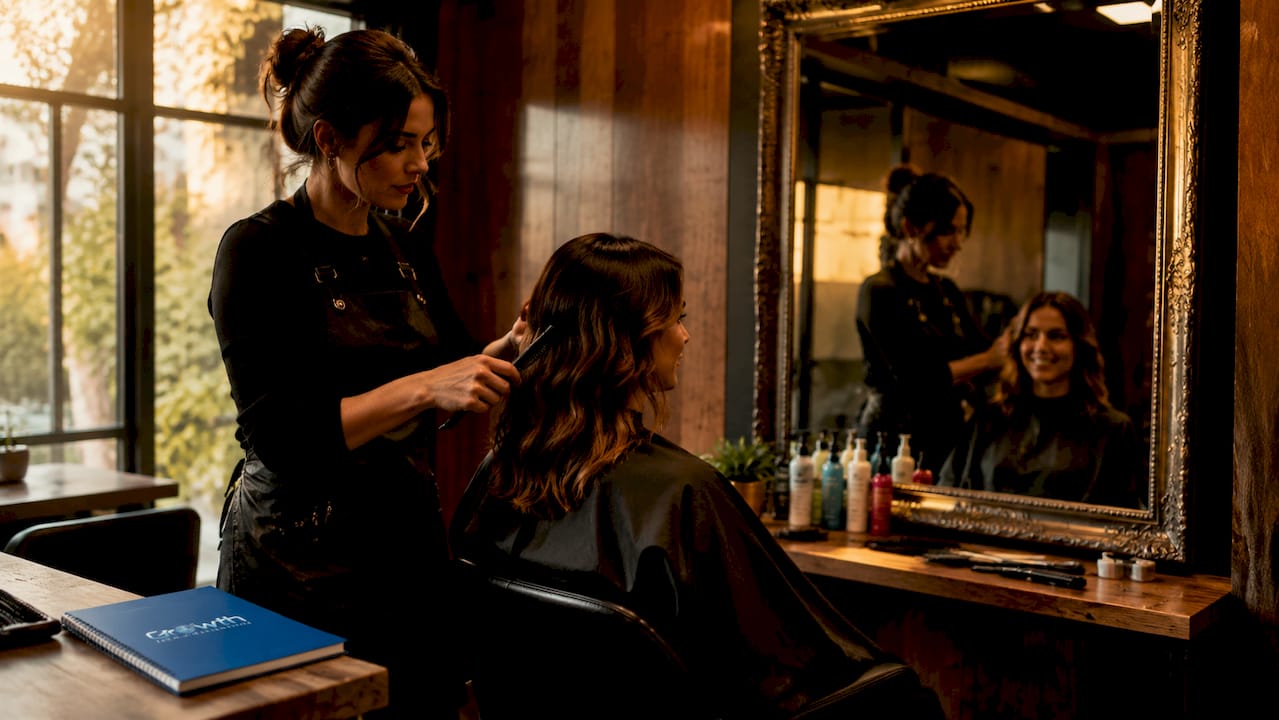 Hairstylist preparing client for salon before-after photo