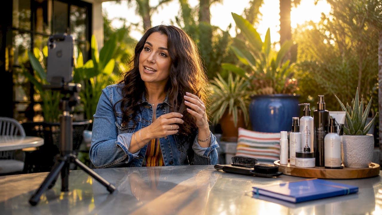 Salon owner creating marketing video in salon