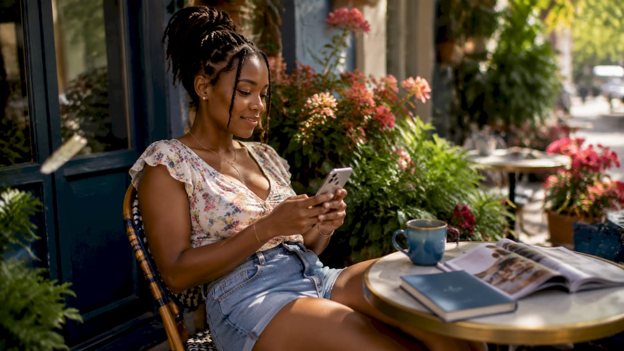 Woman reading salon client reviews on smartphone