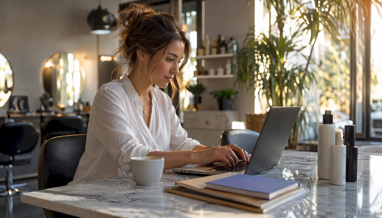Salon owner editing video for SEO purposes