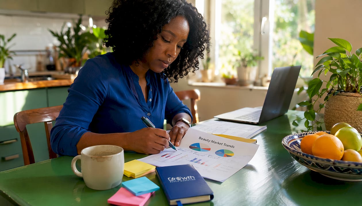 Woman analyzing beauty niche audience report at home