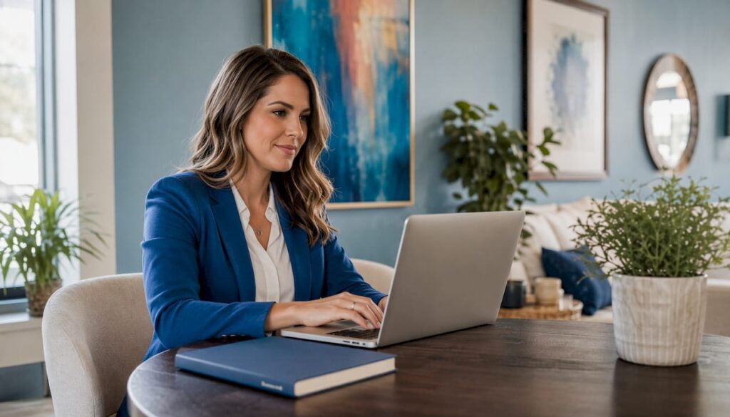Med spa owner booking management on laptop