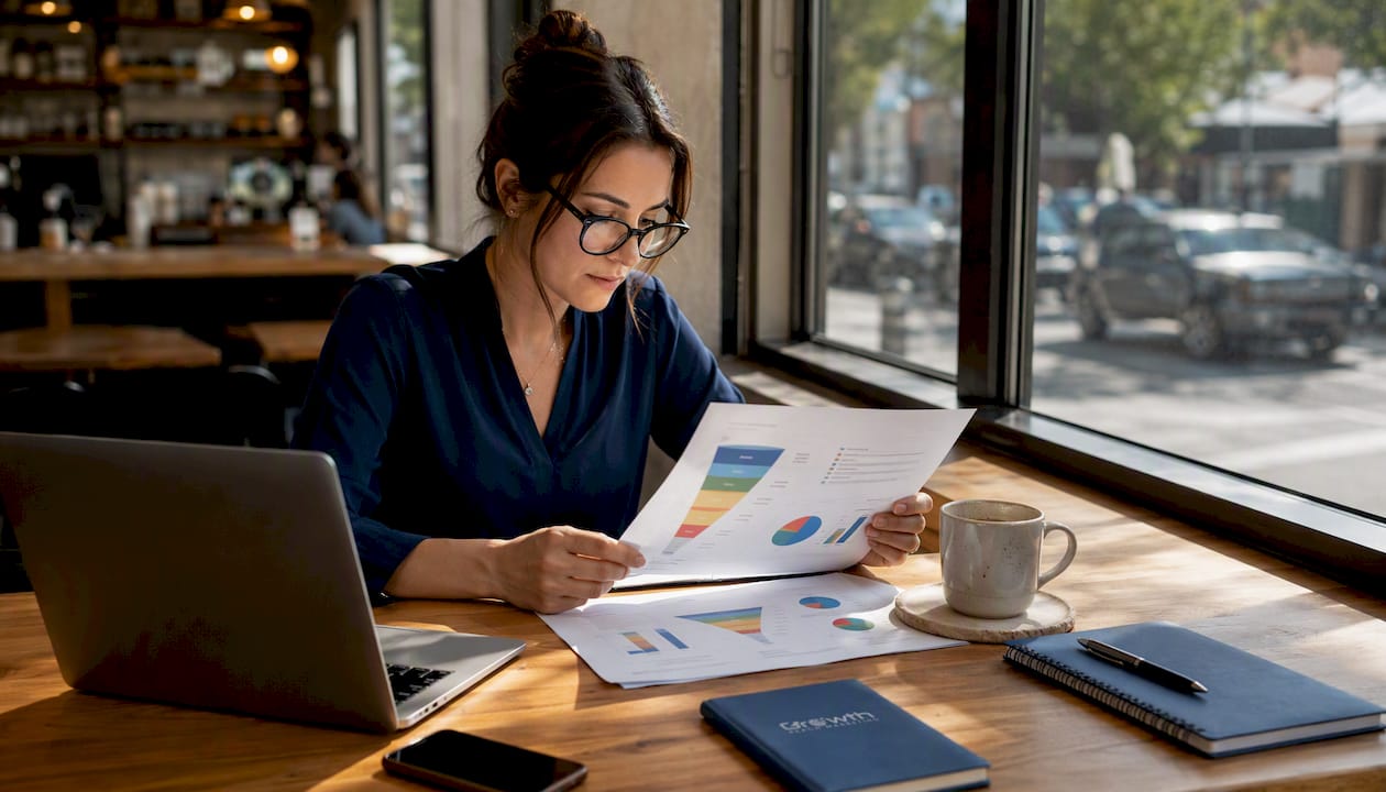 Clinic marketer reviewing paid search funnel documents