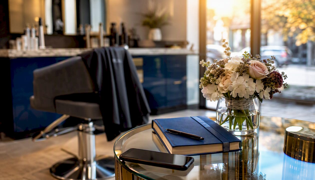 Salon social media setup with phone and notebook