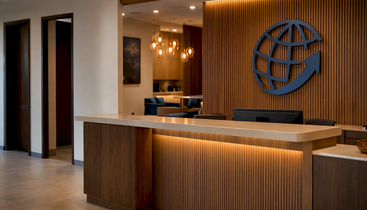 Salon reception area with warm lighting and branded signage