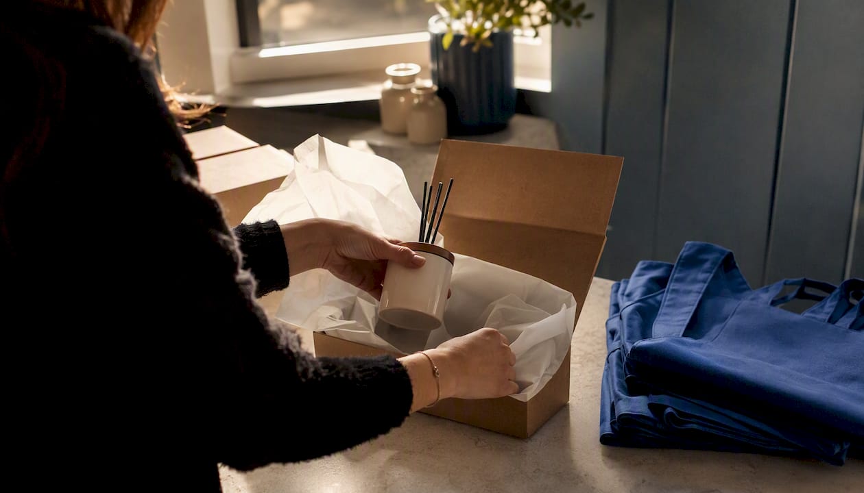 Hands packing salon retail bag with branded tissue and aprons