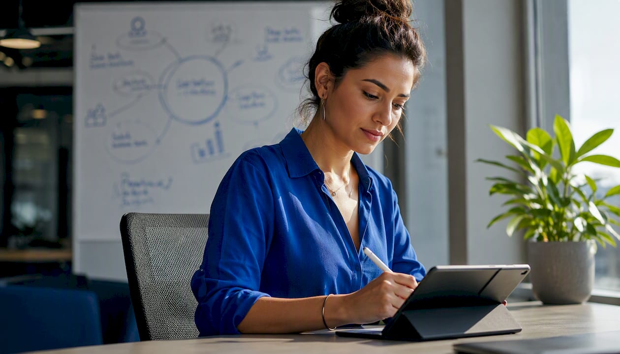 Hands writing client onboarding notes on tablet