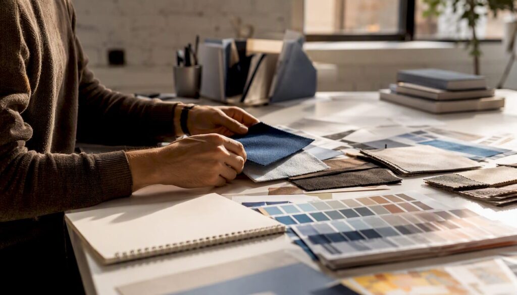 Hands arranging brand design materials on table