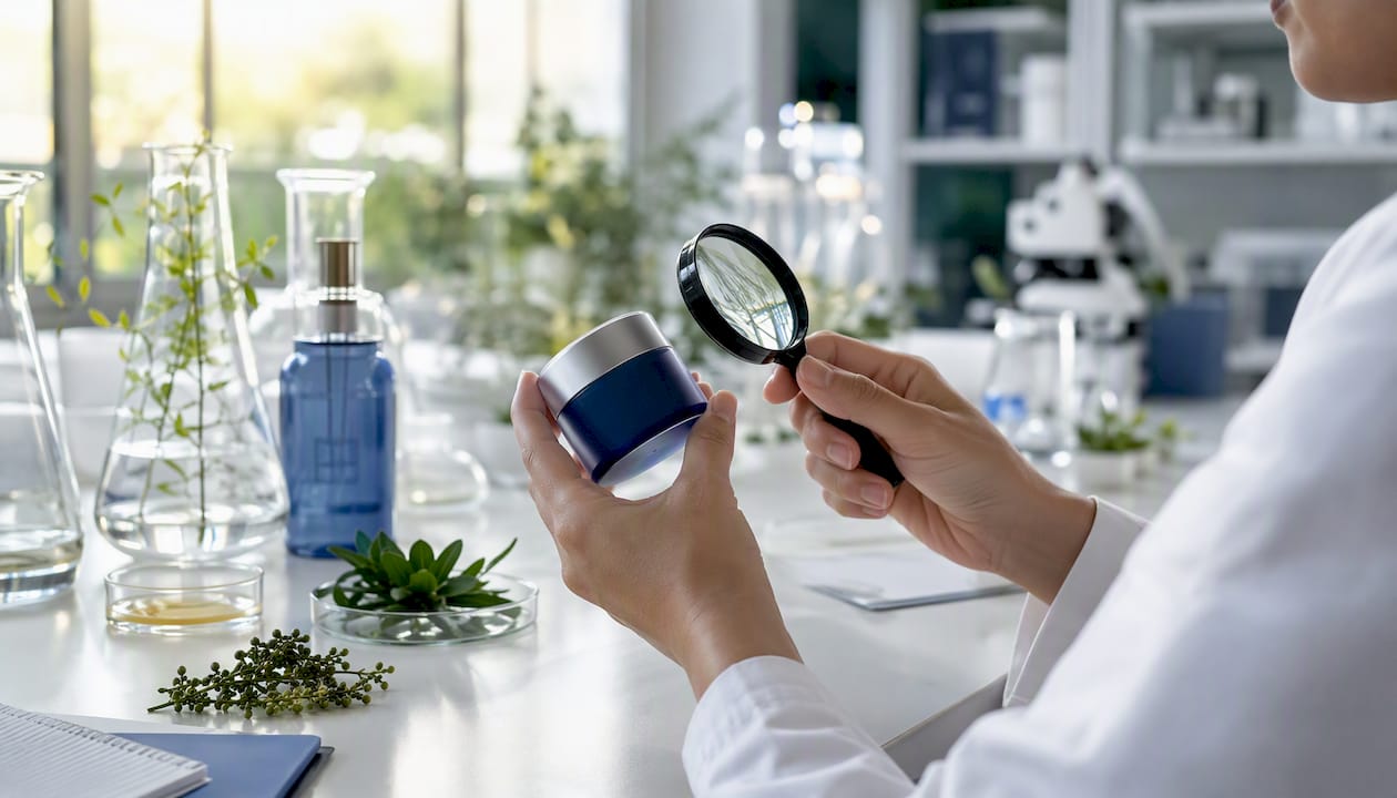 Hands examining skincare ingredient jar with magnifying glass