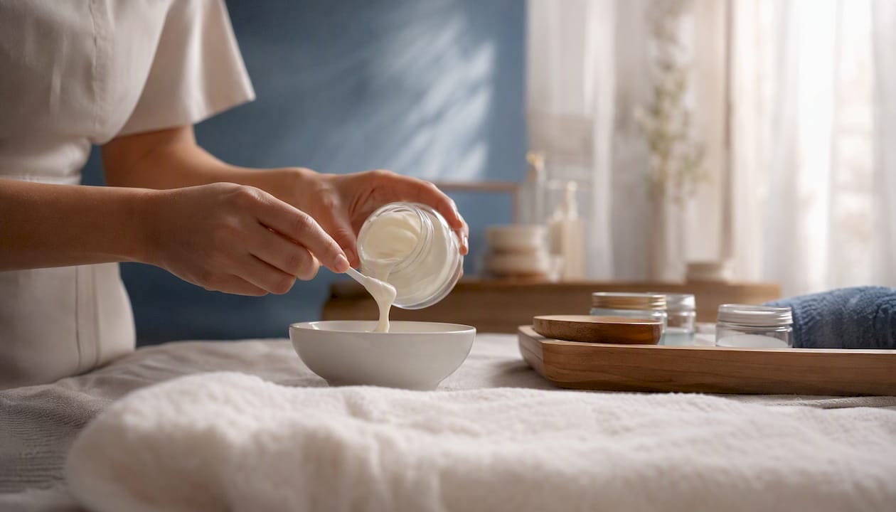 Hands preparing skincare product for facial