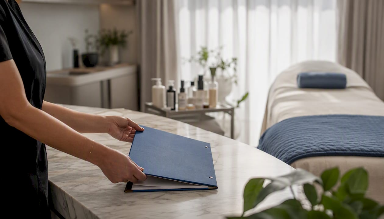 Hands arranging med spa pricing materials