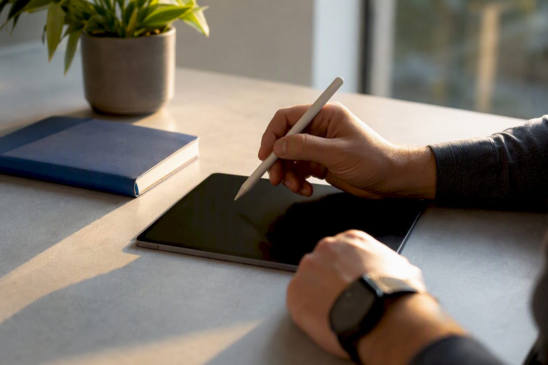 Hand with stylus over dark tablet