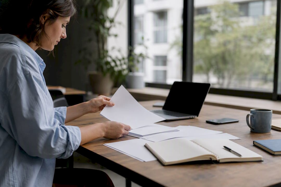 Hands organizing data printouts on office desk