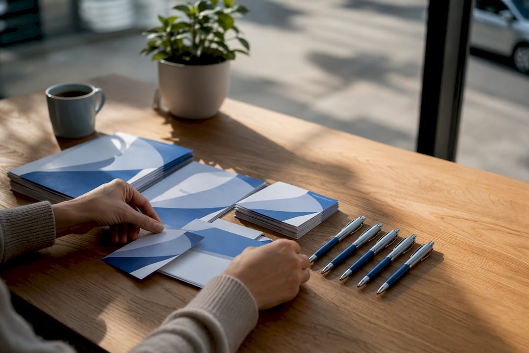 Hands arranging marketing nurture materials on desk