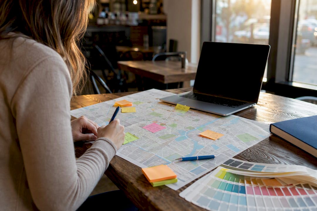 Local map and marketing notes on desk