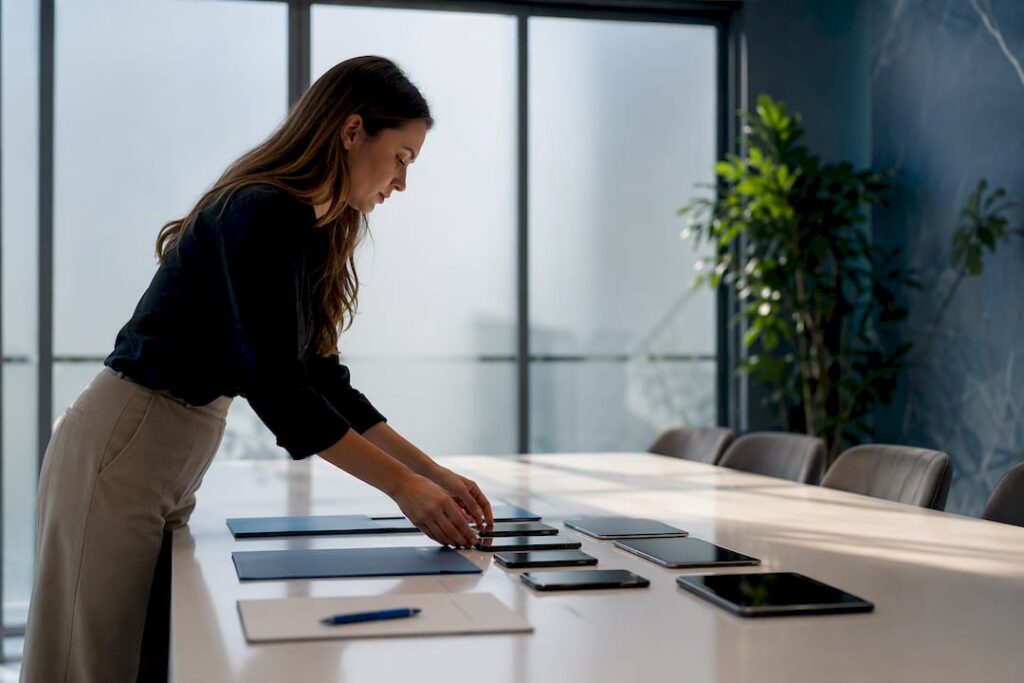 Hands setting marketing devices on clinic table
