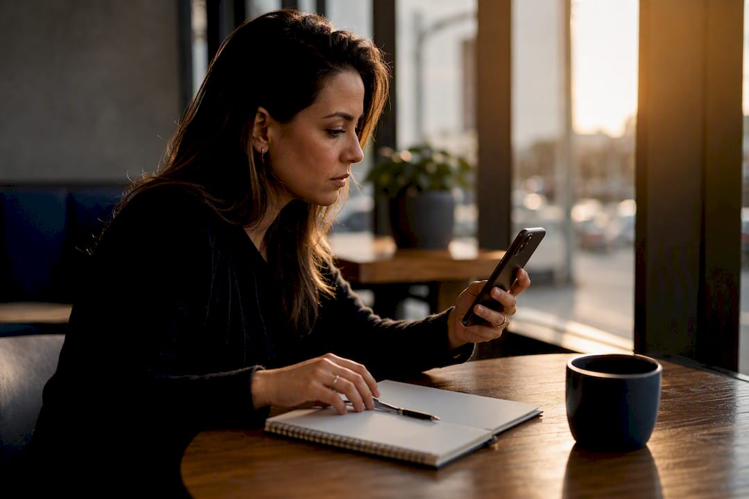 Hands holding phone and notebook on desk