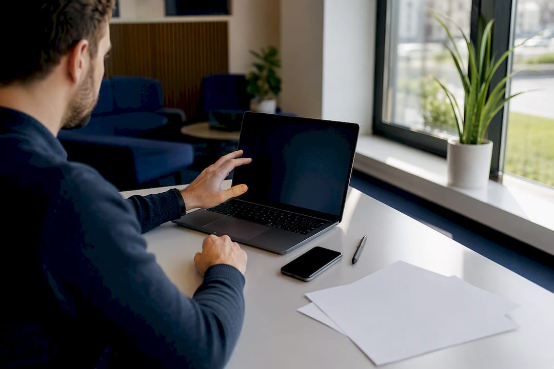 Hand saving consent data on laptop in salon office