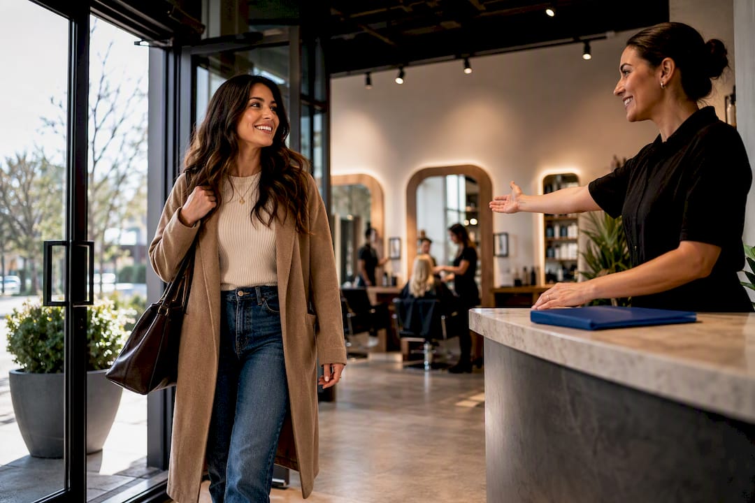 Returning salon client welcomed at entry