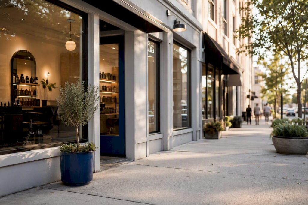 Neighborhood salon storefront on a local street