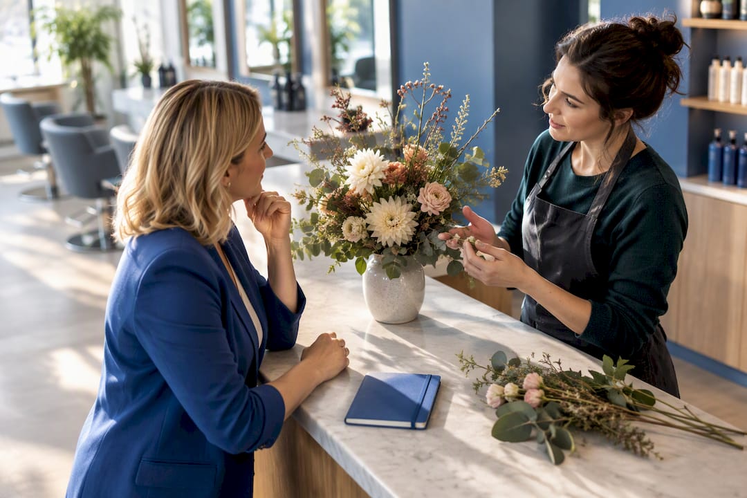 Salon owner meeting local florist partner