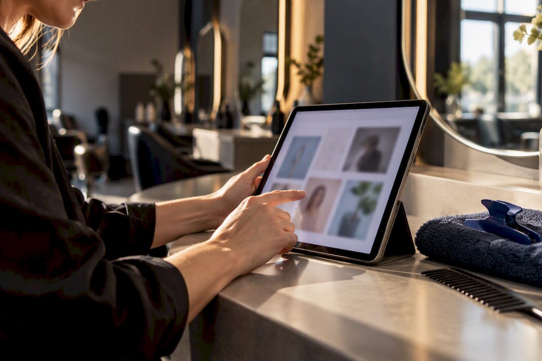 Salon owner reviewing social post templates