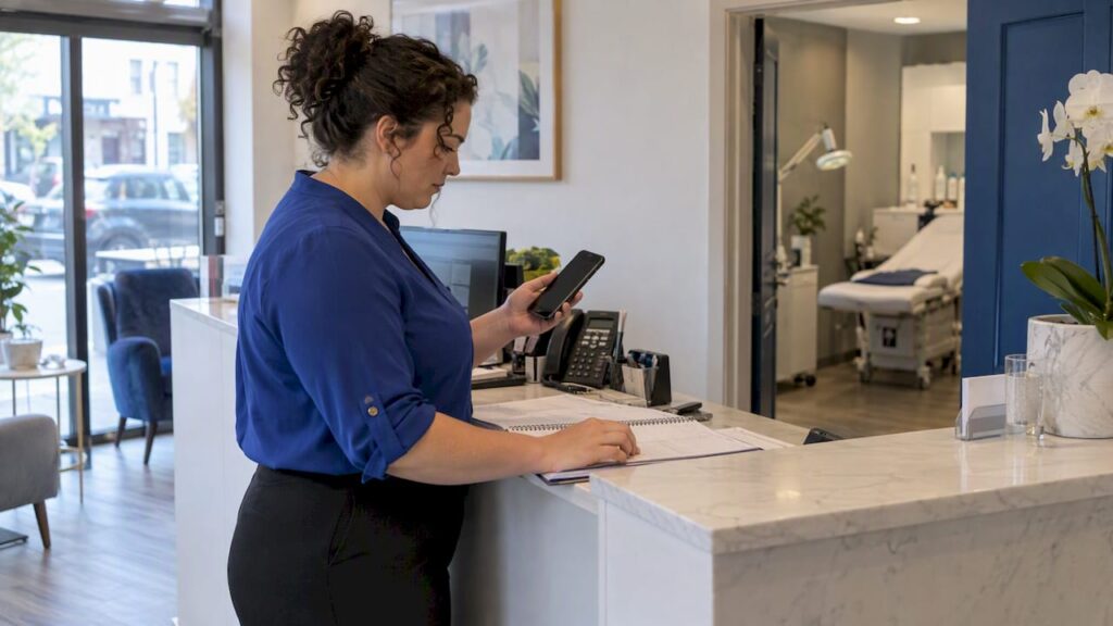 Clinic receptionist checking a new enquiry