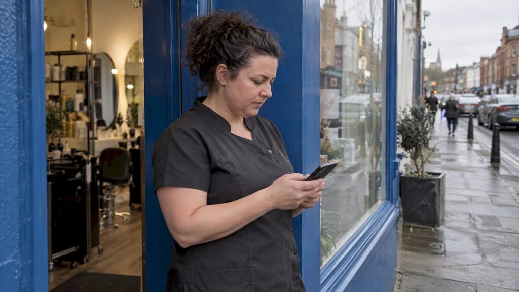 Salon owner checks a map listing outside